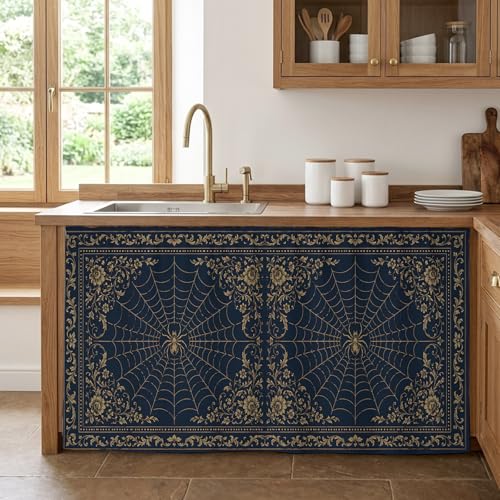 Kitchen Cabinet Curtains Blue Spiders Web Halloween Sink Skirt for Bathroom Vintage Floral Luxury Abstract Dishwasher Curtain Cover Under Desk Curtain Skirt Drape for Classroom Laundry Closet 28"x51"