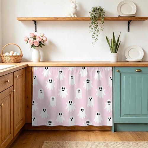 Kitchen Cabinet Curtains Cute Ghosts Halloween Sink Skirt for Bathroom Pink White Funny Art Dishwasher Curtain Cover Under Desk Curtain Skirt Privacy Drape for Classroom Laundry Closet Decor 28"x35"