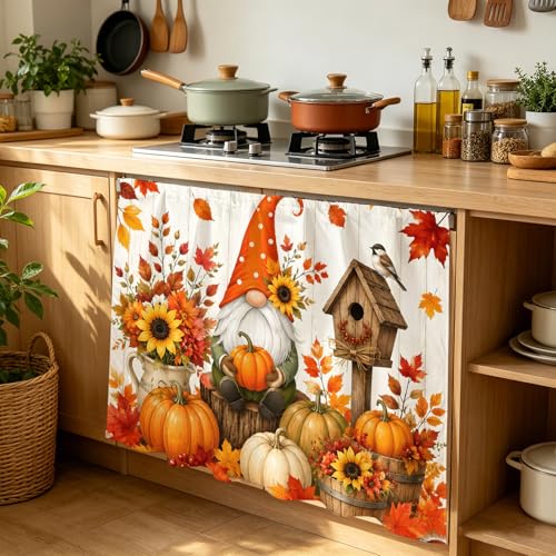 Kitchen Cabinet Curtains Gnomes Pumpkins Fall Sink Skirt for Bathroom Thanksgiving Leaves Floral Wooden Dishwasher Curtain Cover Under Desk Curtain Skirt Drape for Classroom Laundry Closet 35"x35"