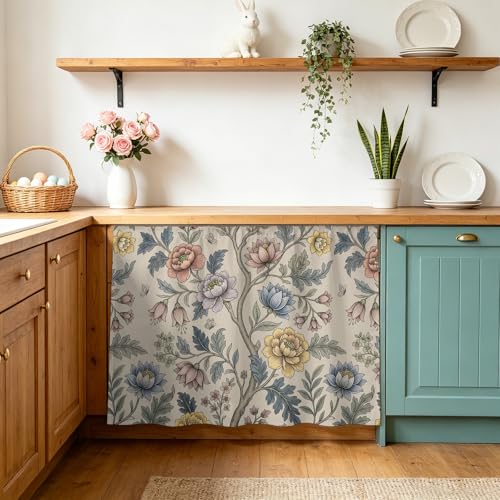 Kitchen Cabinet Curtains Vintage Garden Flower Sink Skirt for Bathroom Rustic Floral Leaf Pastoral Beige Dishwasher Curtain Cover Under Desk Curtain Skirt Drape for Classroom Laundry Closet 28"x35"