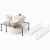 Kitchen Cabinet Organizer Set, Expandable Cabinet Shelf Rack & Plate Rack for Cabinet, Space Saving Dish Organizer for Plates Bowls Pot Lids, Adjustable Countertop Pantry Storage Rack, Black & White