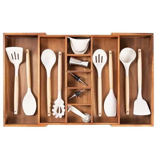 KitchenEdge Adjustable Kitchen Drawer Organizer for Utensils and Junk, Food-Safe Contract Grade with 100% Sustainable Wood, Non-Slip, Expandable from 16" to 28" Wide - Natural Acacia