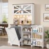 Kitchen Pantry Storage Cabinet with LED Light & Outlet, Tall Kitchen Hutch with Tilt Out Trash Can Cabinet and Deodorizing, Farmhouse Cupboard with Large Countertop for Living Room, Dining Room