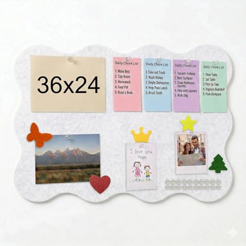 KITCHLYNE Scalloped Bulletin Board, 36x24 Scalloped Felt Bulletin Board, 3' by 2' Trifold Foldable Picture Display with 20 Pins & 5 Cute Decors - White