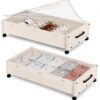 KITHELP Wooden Under Bed Storage with Wheels, Rolling Under the Bed Storage Bins with Removable Lid, Metal Under Bed Drawers for Clothes and Shoes in Bedroom or Living Room (White-2pack)