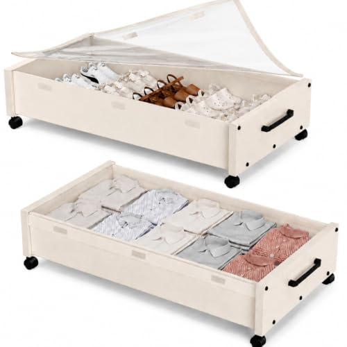 KITHELP Wooden Under Bed Storage with Wheels, Rolling Under the Bed Storage Bins with Removable Lid, Metal Under Bed Drawers for Clothes and Shoes in Bedroom or Living Room (White-2pack)