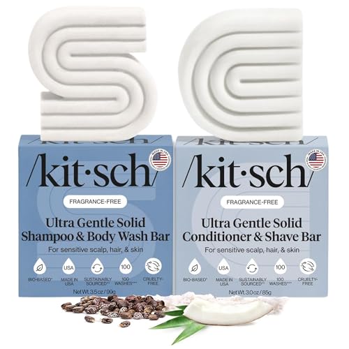 Kitsch 2-in-1 Ultra Sensitive Shampoo Bar & Body Wash + Conditioner Bar & Shaving Soap – Fragrance-Free Bar Soap for Sensitive Skin & Scalp - For Healthy, Radiant Hair and Skin - 2pcs