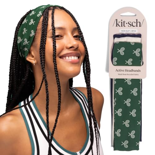 Kitsch Headbands for Women Non Slip - Running Headbands for Girls, Ideal for Working Out, Yoga, Gym, or Lounging | Stretchy Head Bands | Fashion Hair Accessories- Cream, Court Green & Navy Blue, 3pcs
