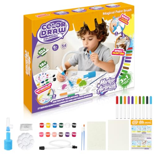 Kivonio 3-in-1 Spray Art Kit for Kids - Airbrush Painting Set with Press & Blow Dual Modes, 18 Stencils + 10 Markers + 12 Pigments + 2 Brushes, Creative Craft Gift for Ages 4-8
