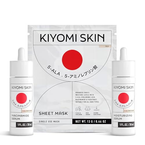 Kiyomi Skin Face Serum Set with Hydrating Sheet Mask - Niacinamide & Moisturizing Serums with 5-ALA, Hyaluronic Acid - Moisturizer Facial Skincare Kit for All Skin Types - Made in Germany