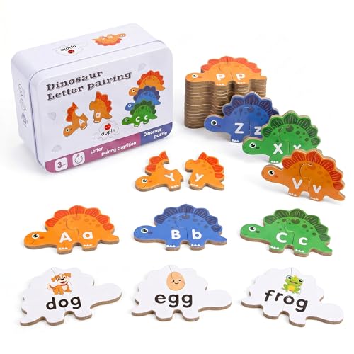 KIYOVELI Dinosaur Alphabet Puzzle, 52PCS Self Correcting ABC Letter Matching Game in Tin Box, Montessori Uppercase Lowercase Learning Toy for Toddlers Ages 3-5, Preschool Travel Educational Gift