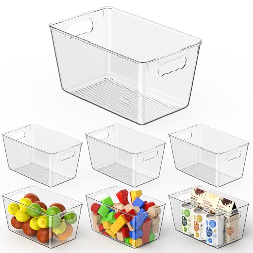 KJIXYUNG Clear Pantry Organizer Bins, Storage Containers & Plastic Containers with Handle, Cabinet Organizer, Home Organization Must Haves for Kitchen, Laundry Room, Office, Closet & Freezer (6 Pack)