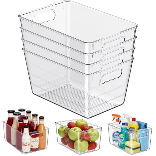 KJIXYUNG Clear Plastic Storage Bins, 4-Pack Stackable Pantry Organizers and Storage Containers for Kitchen, Fridge, Cabinet and Closet Organization - Home Essentials