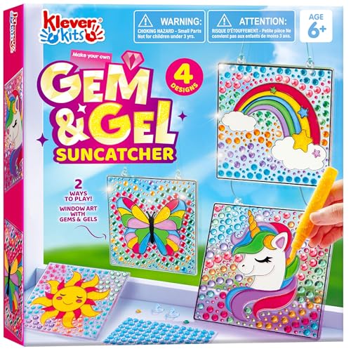 Klever Kits 4PCS Window Art, 2-in-1 Gems and Gels Suncatcher, 2 Ways to Play Diamond and Gels, Arts & Crafts Toys for Boys Girls, Christmas Birthday Gifts for Kids Age 6 and Up