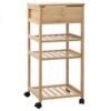 KLOVBCMF Bamboo Kitchen Trolley with Wheels, Natural Finish 3-Shelf Rolling Cart, 360° Swivel Wheels with Lockable Brakes, Easy Assembly for Kitchen or Dining Room Storage