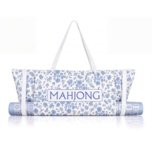 Klyyo Clyro 28x9 Inch Mahjong Mat Canvas Tote Bag for Rolled Mat Tiles Rack Pushers Suffers Accessory Empty Mahjong Bag with Zipper Closure, Outer Pocket Lining, Case Only(Blue,Porcelain Scrollwork)