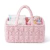 Klyyo Clyro Pink Bow Tufted Diaper Caddy Organizer Large Portable Baby Storage Basket with Handles Soft Fluffy Fabric Nursery Organizer Gift for Newborn Baby Shower
