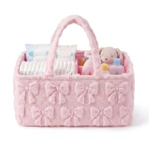 Klyyo Clyro Pink Bow Tufted Diaper Caddy Organizer Large Portable Baby Storage Basket with Handles Soft Fluffy Fabric Nursery Organizer Gift for Newborn Baby Shower