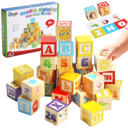 KMTJT Wooden Alphabet Blocks for Toddlers 1-3 | ABC Stacking Blocks Toys for 1 2 3 Year Old Kids | One Year Old Girl Boy 1st First Birthday Gifts | Number Building Blocks Learning Educational Toys