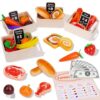 KMTJT Wooden Play Food for Toddlers 1-3 | 46 PCS Toy Food with Play Money for Pretend Play Kitchen Accessories | Wood Play Fake Food Sorting Toys for 12-18 Months Boys Girls | 1st Birthday Gifts