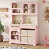 knoworld Play Kitchen for Kids, Wooden Toy Kitchen Set with Smart Storage & Accessories, Toddler Kitchen Playset with Stove & Oven, Pretend Play Set, Gift for Ages 3-8, Pink