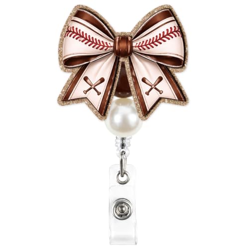 Koazava 2 Pcs Baseball Bow Badge Reel with Alligator Clip, Cute Glitter Retractable ID Badge Holder for Woman Teacher Nurse RN CNA MA, Acrylic Gifts & Accessories for Work, Game Day, Baseball Season