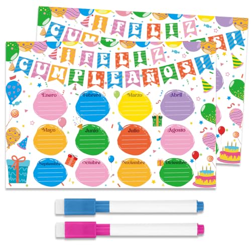 Koazava 2Pcs Spanish Birthday Chart For Classroom Including 2 Magnetic Attachment Pens, Feliz Cumpleaños Poster, Reusable Calendar Bulletin Board Decor & Supply for Bilingual Teacher Student, 17x12 In