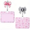 Koazava Pink Bow ID Badge Holder with Retractable Badge Reel, Cute Aesthetic ID Card Holder with Swive Alligator Clip for Nurse Teacher Student, Horizontal Name Tag Card Holder for Work Office