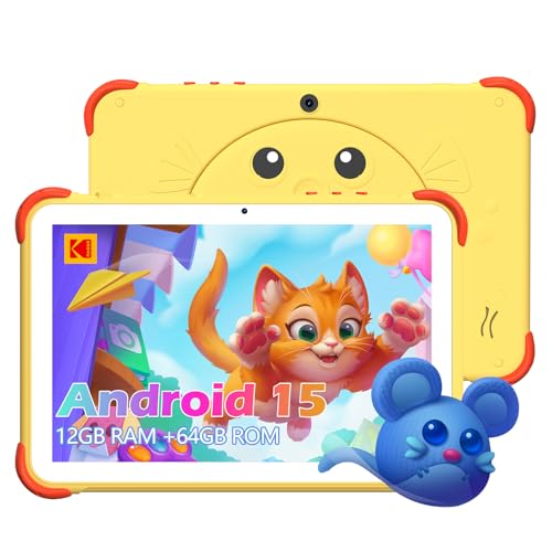 KODAK 10.1 Inch Android 15 Kids Tablet, 12GB RAM+64GB ROM(1TB Expand) Tablet for Kids, 6000mAh Battery, Parental Control, Blue Light Eye Protection, Shockproof Case for Learning