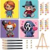 KOJEFCV 4 Pack Halloween Paint by Numbers for Kids with Framed Canvas - with Wooden Easel, Paint by Number for Kids Ages 4-8-12, DIY Easy Acrylic Oil Painting Kits for Home Wall Decor (8X8 inch)