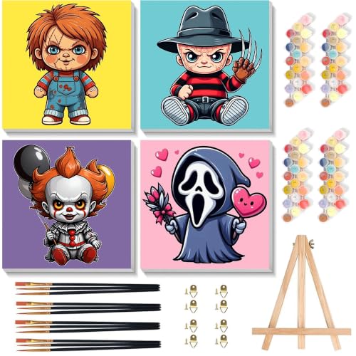 KOJEFCV 4 Pack Halloween Paint by Numbers for Kids with Framed Canvas - with Wooden Easel, Paint by Number for Kids Ages 4-8-12, DIY Easy Acrylic Oil Painting Kits for Home Wall Decor (8X8 inch)