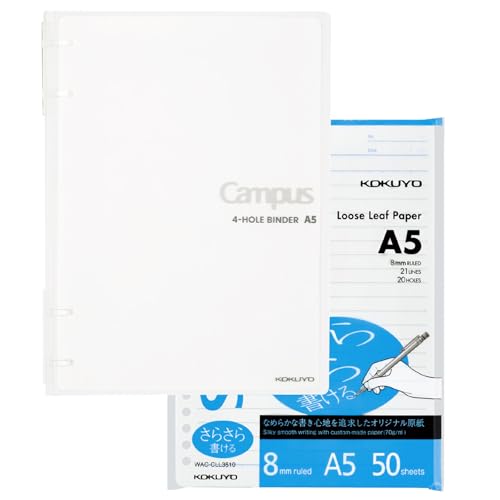 Kokuyo Campus 2x2 Spiral Binder Notebook, A5 Refillable Binders with 60 Refill Papers in 8mm Ruled, 80 Sheets Capacity, Light Color Notebook for School, Work, Note Taking. Transparent