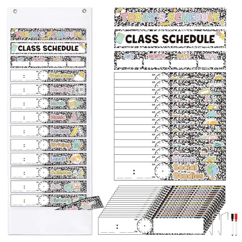 Kolldenn Daily Schedule Pocket Chart, 13+1 Scheduling Pocket Chart with 32 Pieces Reusable Cards Visual Schedule for School Office Home Preschool Activity (Composition)