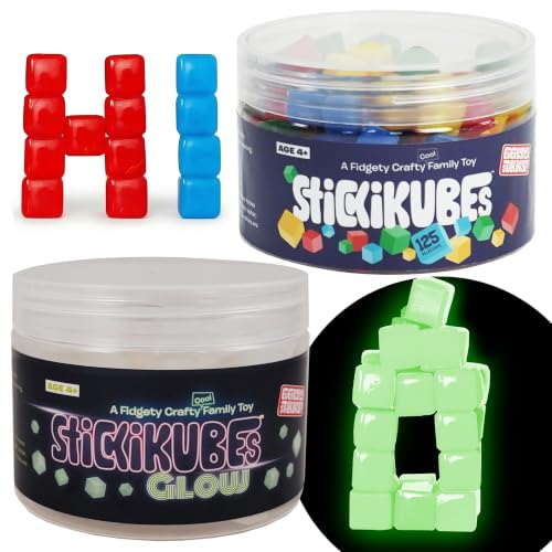 KOMARC GAMES StickiKubes Original and Glow in the Dark Bundle - 250 Sticky Mini Stacking Cubes in 4 Classic Colors Plus Glow Cubes - Non-Toxic STEM Toy for Kids Ages 4+