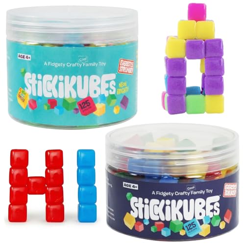 KOMARC GAMES StickiKubes Original and Neon Bundle - 250 Sticky Mini Stacking Cubes in 4 Classic and 5 Neon Colors - Non-Toxic STEM Building Toy for Kids Ages 4+