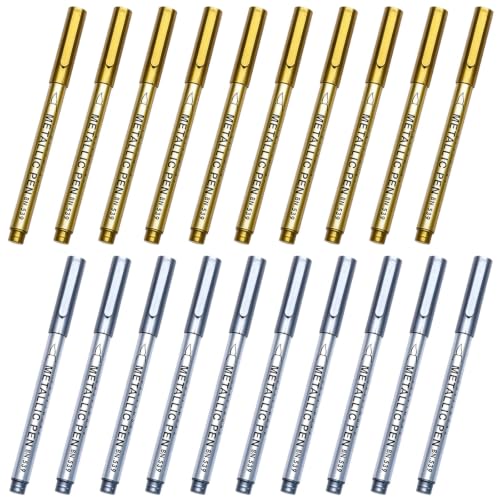 KOMBIUDA 20pcs Silver Metallic Craftwork Pens with Fine Tip for Signature Writing and Scrapbooking, Versatile Permanent Markers for Creative Projects on Multiple Surfaces, Sleek Plastic