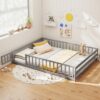 KOMFOTT Queen Size Wood Floor Bed with Door & Fence, Montessori Bed Frame with Full Length Safety Guardrails, Door & Latch, Wooden Montessori Floor Bed for Kids, Girls, Boys (Queen,Grey)