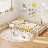 KOMFOTT Twin Size Wood Floor Bed with Door & Fence, Montessori Bed Frame with Full Length Safety Guardrails, Door & Latch, Wooden Montessori Floor Bed for Kids, Girls, Boys (Natural, Twin)