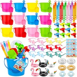 Konohan 96 Pcs Beach Sand Toys Set for Kids Toddler Sandbox Toys Includes Bucket Shovel Sunglasses Water Gun Bubble Wands Inflatable Drink Holder Gift Cards & Bags (Bright Color)