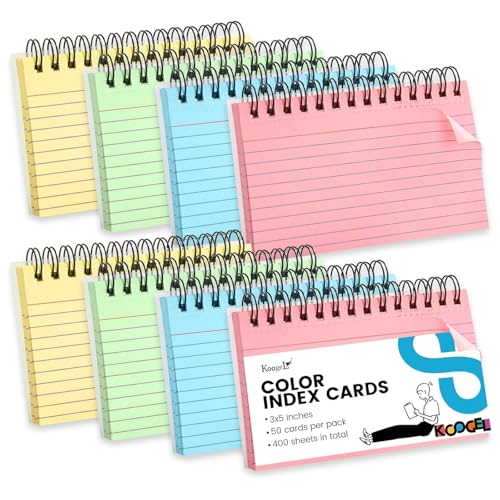 Koogel Spiral Index Cards 3x5 Ruled, Multicolor Spiral Bound FlashCards with Waterproof Cover, Tear-Off Note Cards with Ring for Studying, School & Office, 400 Count (5 Packs of 80)