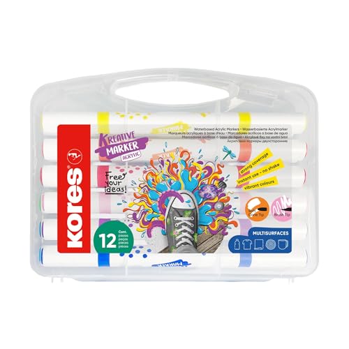 Kores - Set of Kreative Acrylic Marker Pens Duo Tip with 12 Colours - Brush Tip and Conical Tip for Paper, Wood, Glass, Canvas, Stone, Fabric, Ceramics - DIY Creative, No Shake