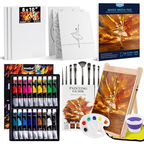 koseibal Acrylic Paint Set for Adults & Kids - 37PCS Art Painting Supplies Kit with 18 Colors Acrylic Paint, 8 Paint Brushes,6 Canvas Panels, Wooden Easel,Palette, Painting Pad