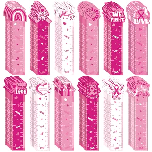 Kosiz 120 Pcs Breast Cancer Awareness Bookmarks Ruler Bulk Gifts Pink Ribbon Bookmarks Ruler Hope Butterfly Heart Inspirational Gifts Book Markers for Women Lovers Breast Cancer Supplies