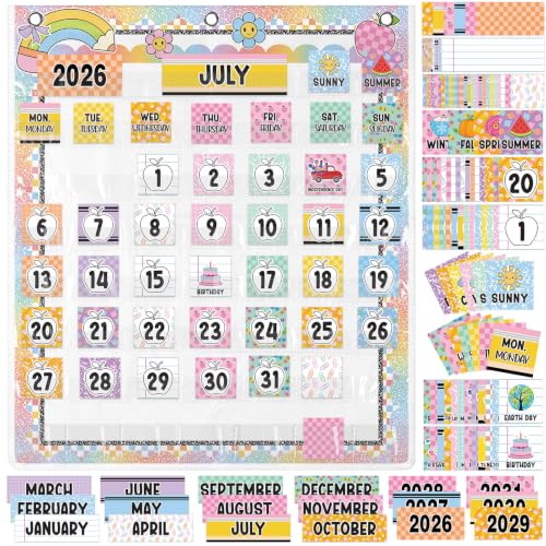 Kosiz 121 Pcs Classroom Calendar Pocket Chart Set - Calendar Bulletin Board Set with Seasons, Weather, Festival & Dates Back to School Supplies for Homeschool Classroom Decoration(Pastel Apple)