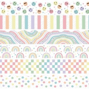Kosiz 90 ft Pastel Bulletin Board Borders Colorful Boho Die-Cut Border Trim Rainbow Dot Stripe Bulletin Borders Adhesive Pastel Classroom Decorations for Back to School Chalkboard Office Decor