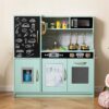 KOTEK Play Kitchen for Kids, Wooden Chef Pretend Toy Kitchen Set w/Oven, Chalkboard, Telephone, Ice Maker, Microwave, Dishwasher, Realistic Kids Kitchen Playset, Gift for Boys Girls 3+ (Green)
