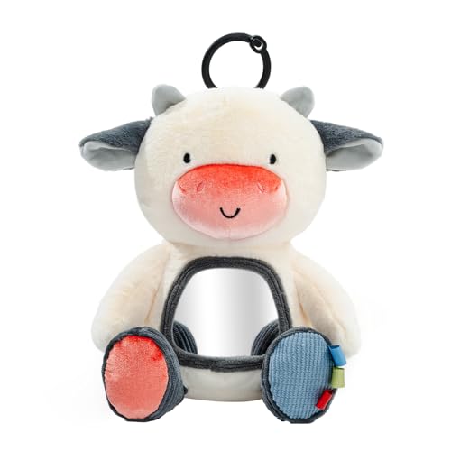 Koty Musical Tummy Time Toy,Baby Mirror Toy 3 Years Old, Infant Sensory Toy with Crinkle Sounds, Textures, Mirror & Melody Music Box for Tummy Time and Self-Discovery (White Cow)
