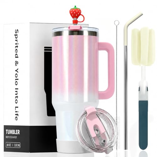 KoveYzao 40oz Watersy Tumbler with Handle and Straw, Stainless Steel Water Bottle with Lid & Brush, Insulated Travel Mug (12h Hot & 34h Cold Retention) for Tea, Iced Drinks and Coffee (Gradient Pink)