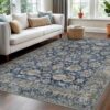 KOZYFLY Washable Area Rug 5x7 Living Room Thin Area Rug Non-Slip Soft Rug for Bedroom, Printed Blue Floral Vintage Carpet for Laundry Kid Room