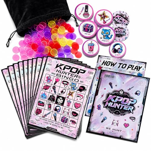 KPOP HUNTER Reusable Y2K Bingo Game Set - Aesthetic Cyberpunk Party Board Games with 24 Cards, 400 Colorful Chips, 24 PVC Coins & Velvet Bag for Teens Adults, 2-24 Players (Pastel Holographic)